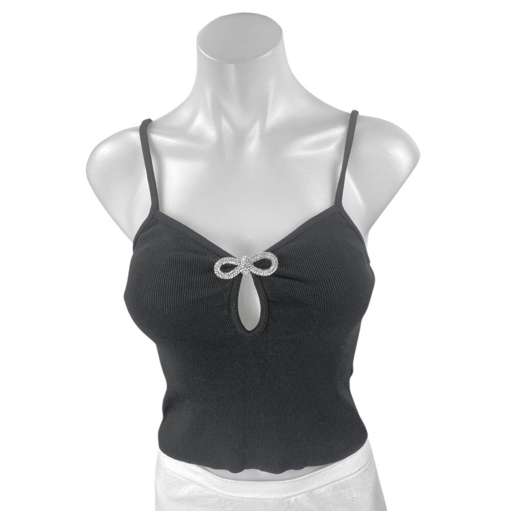 MNG Mango Black Sleeveless Ribbed Knit Bow Keyhole Cami Tank Crop Top Size S